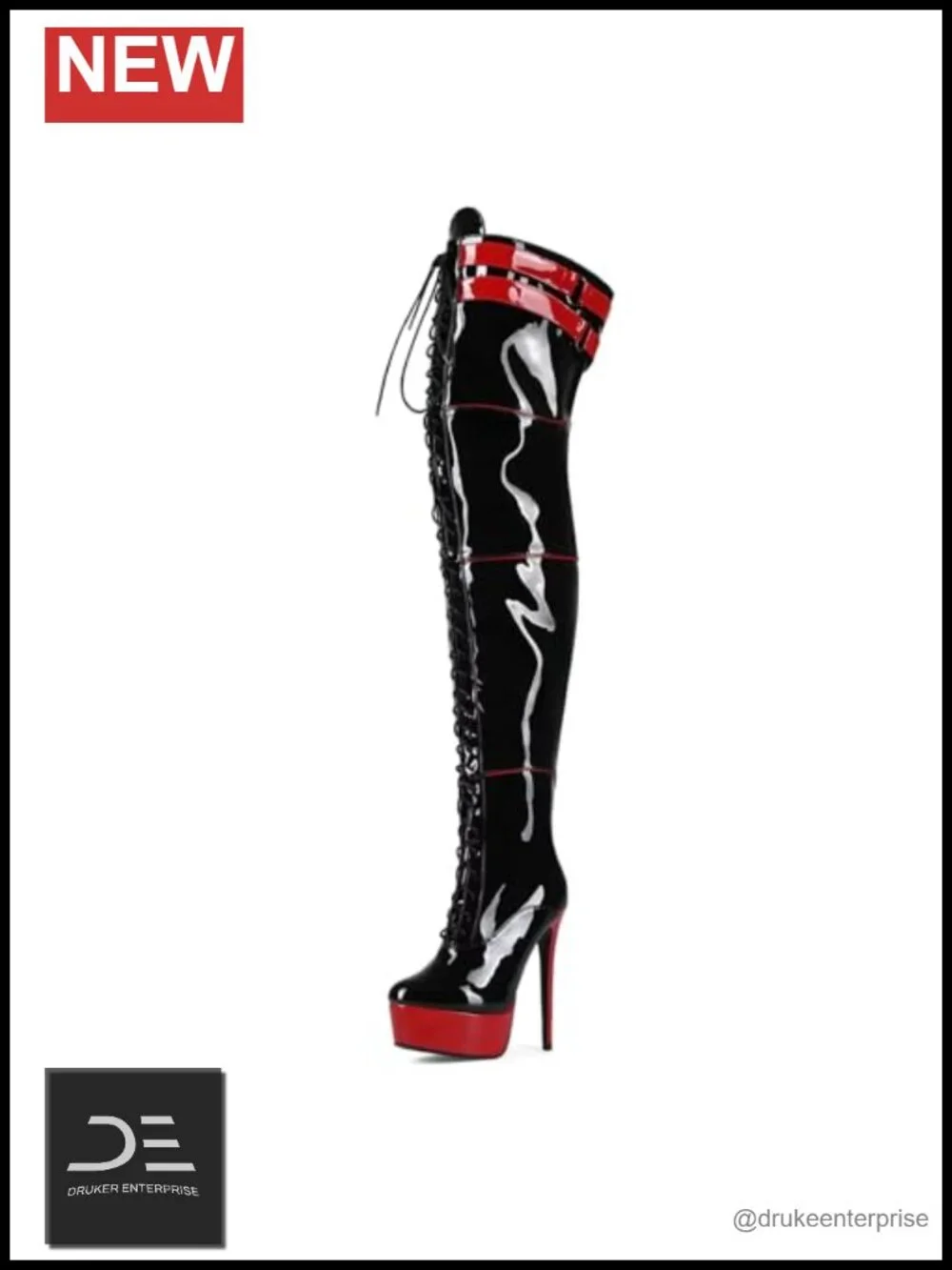 Stiletto Platform Over The Knee Lace Up Boots, Patent, Extra Large Sizes,